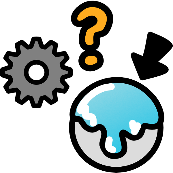 A grey gear with a yellow question mark above it sit next to a grey circle. The grey circle has a shiny blue substance dripping down it with a black arrow pointing to that substance.